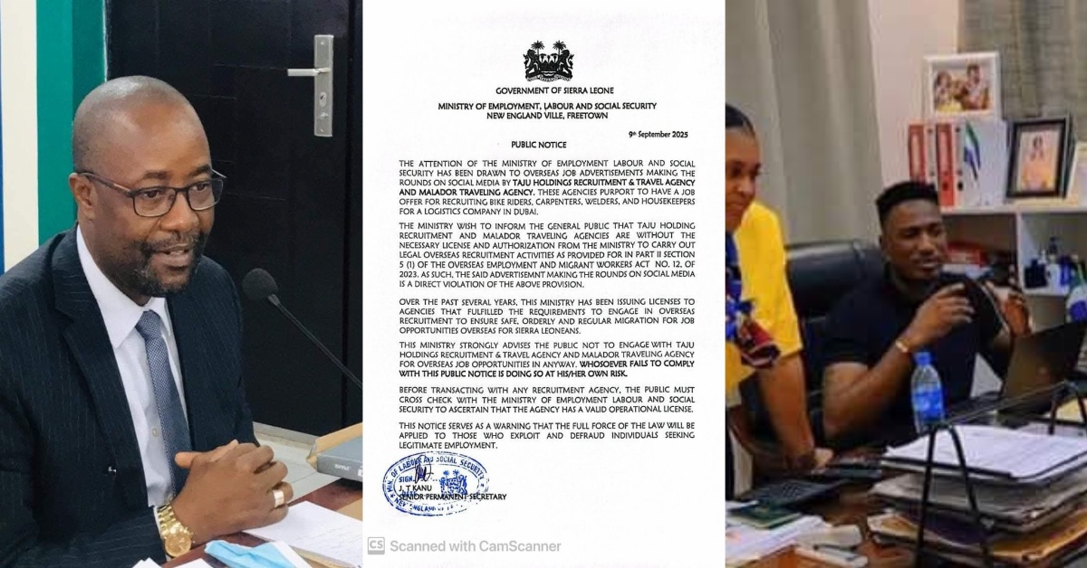 JUST IN: Ministry of Labour Warns Public Against Malador Traveling Agency and Taju Holdings