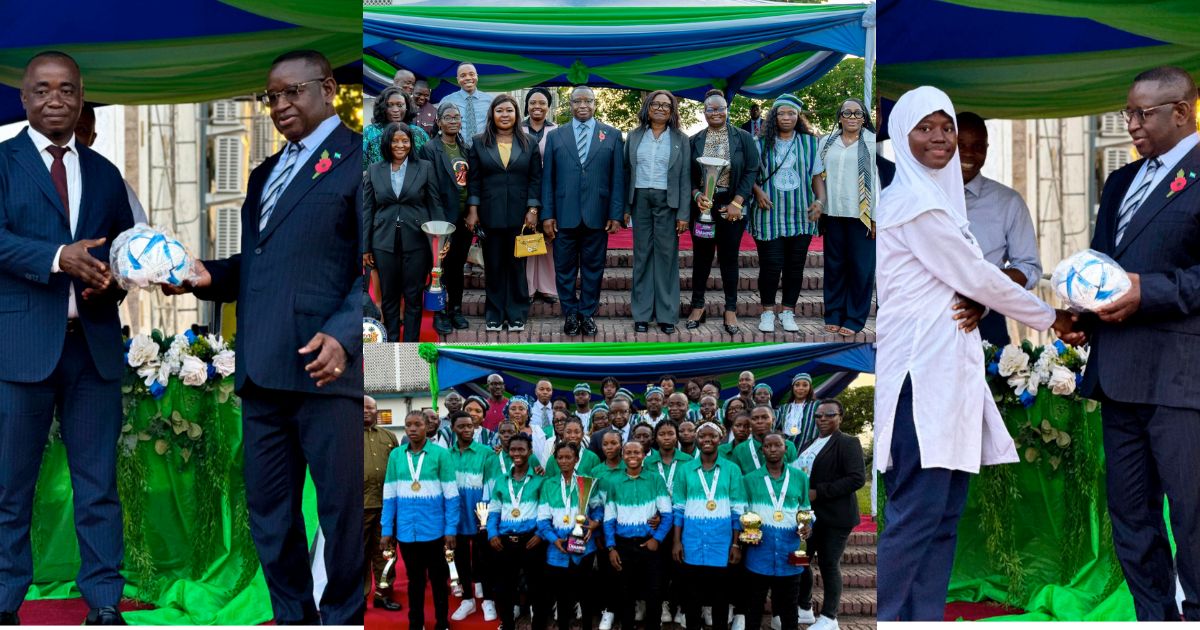 SLFA President Babadi Kamara Presents Sierra Queens and U17 Champions to President Bio