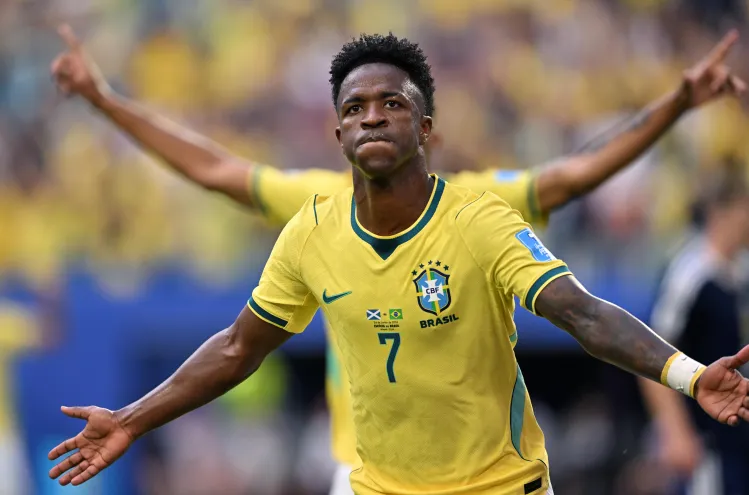Vinicius Junior of Brazil celebrates scoring in the FIFA World Cup 2026 Group C clash between Scotland and Brazil, held at Miami Stadium in Miami Gardens, Florida, on June 24, 2026. (Credit: Image Photo Agency/Getty Images)