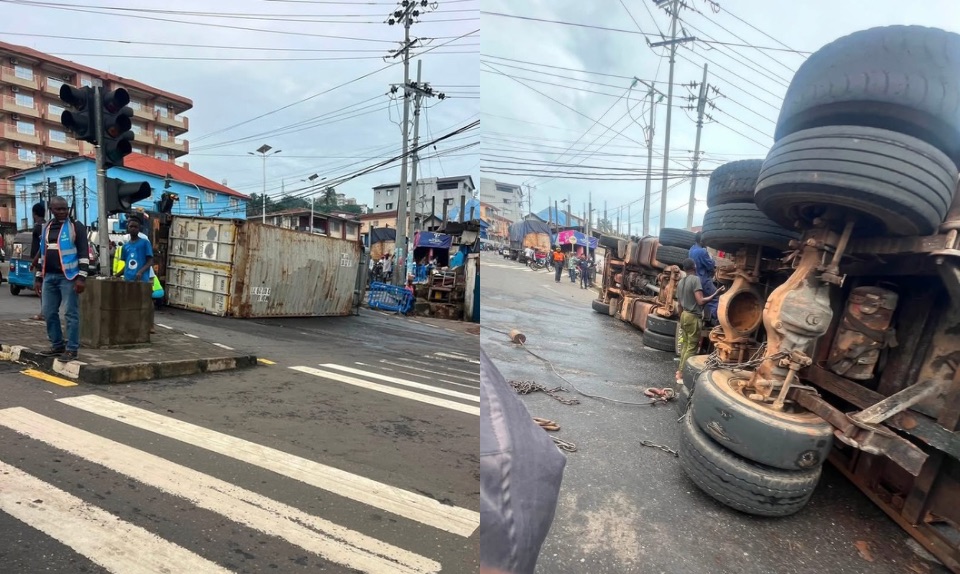Another Container Truck Overturns in Freetown, Causing Heavy Traffic Disruption