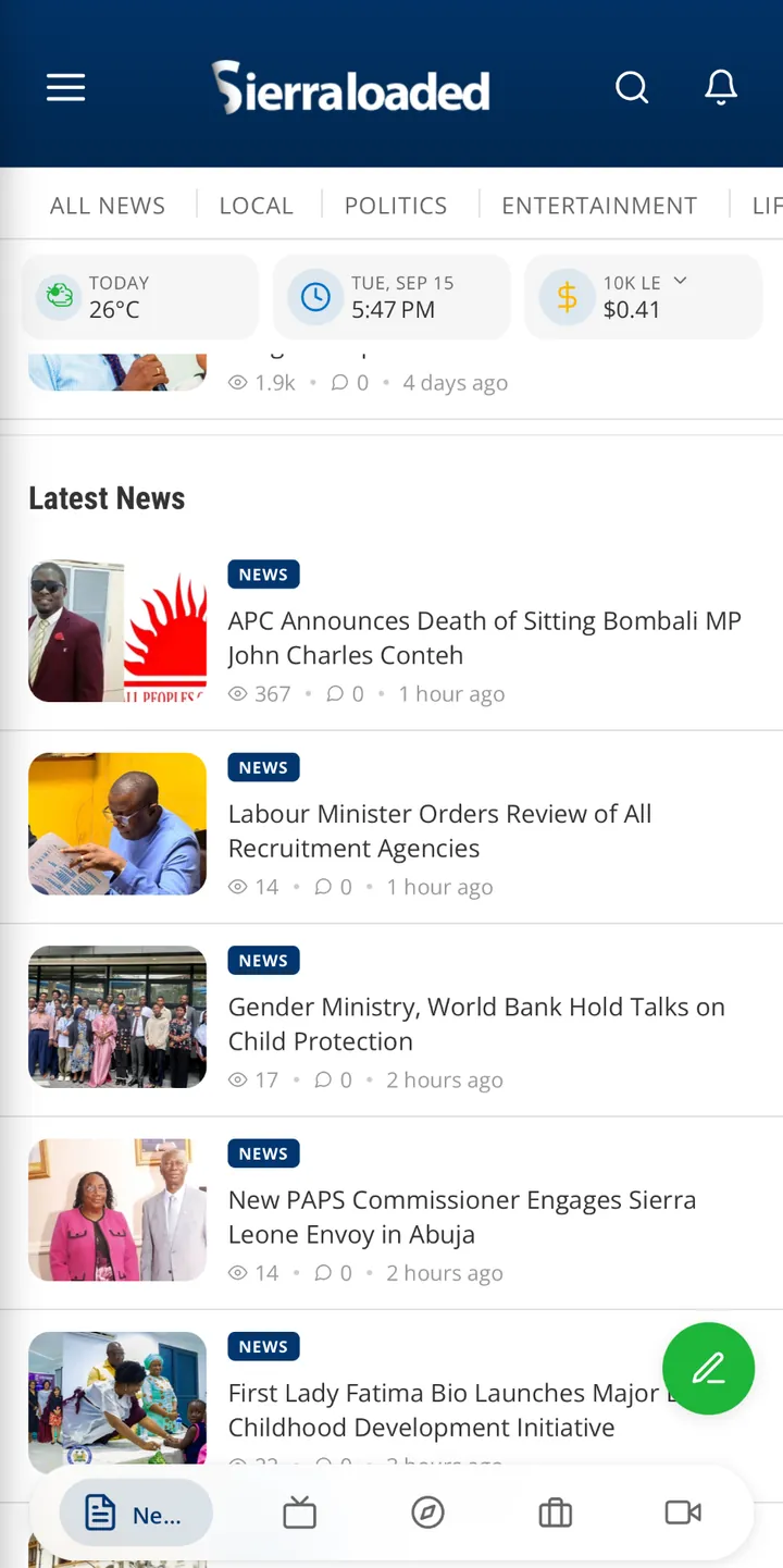 Sierraloaded app news screen